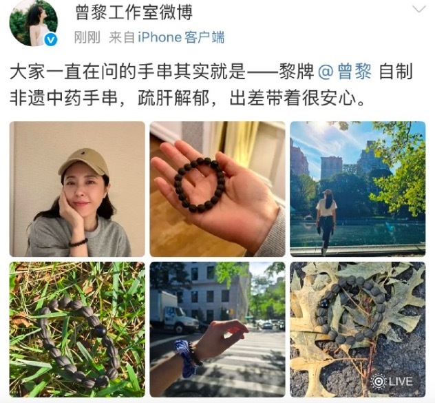 曾黎的手串是中药做的 艺人自制命名“黎牌中药手串”